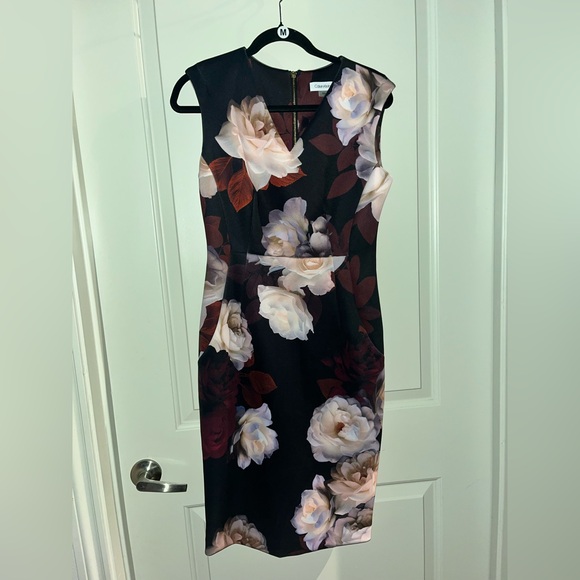 Calvin Klein Dresses & Skirts - Calvin Klein Black Midi Dress with Cream and Burgundy Floral Print